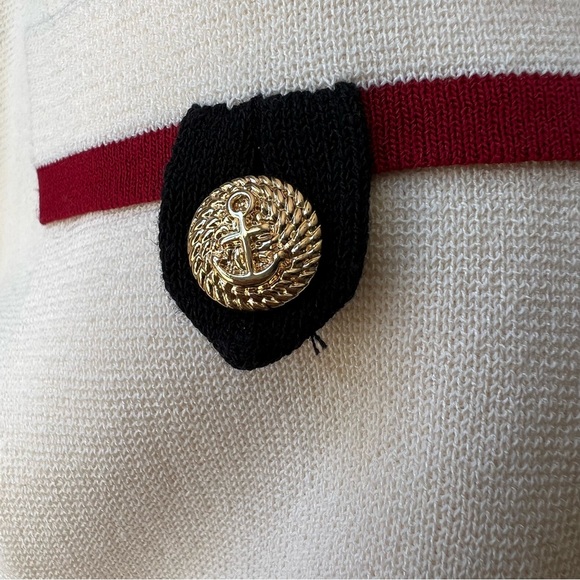 Anne Klein Ivory Knit Red Trim 4 Pockets Cardigan Embossed Gold Anchor Button XL - Picture 12 of 17